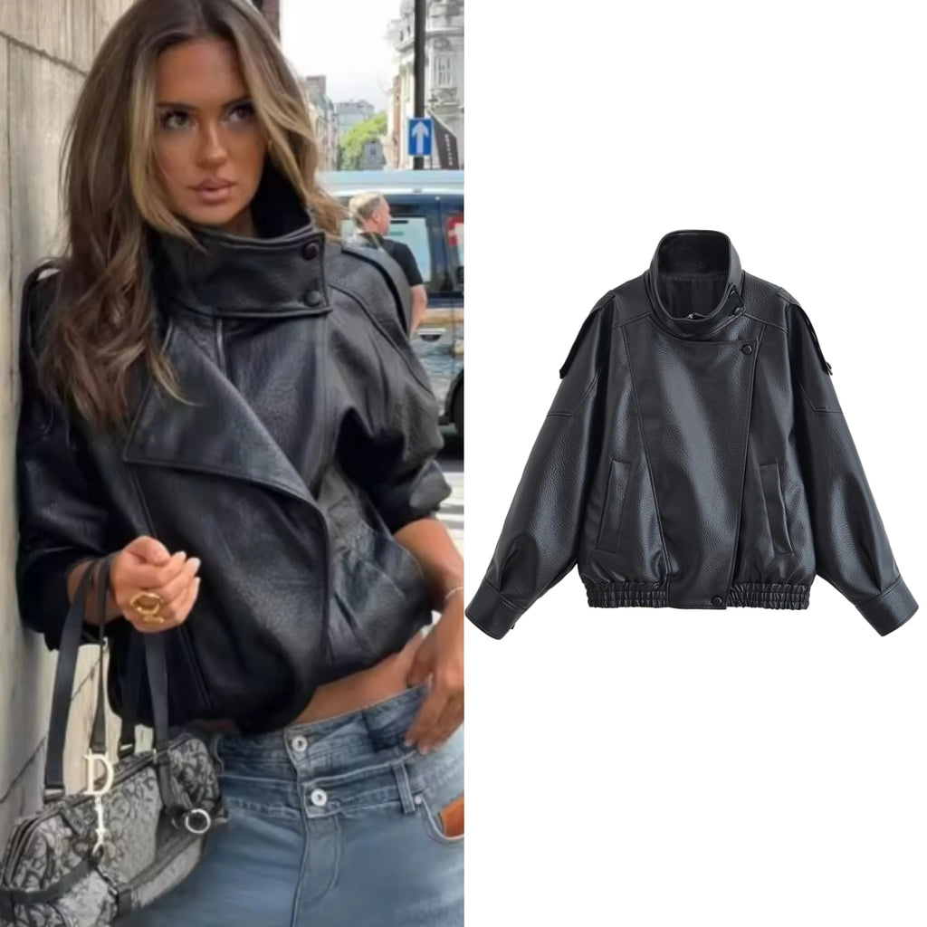Women Black Faux Leather Jacket Long Sleeve Motorcycle Style Fall Fashion Coat