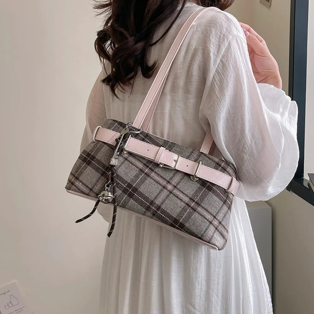 Women Retro Plaid Tote Bag Textured Shoulder Handbag Work Commuter Bag 2026