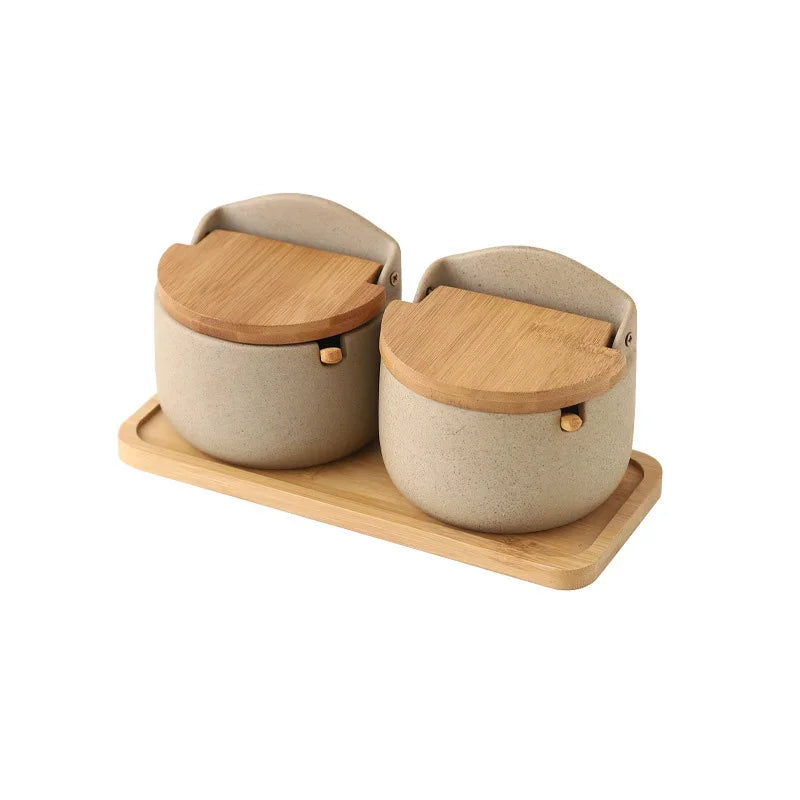 Ceramic Seasoning Jar with Bamboo Lid Spoon Salt Sugar Spice Storage Container