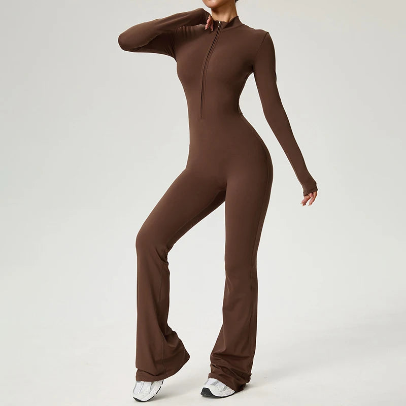 Women Long Sleeve Fitness Jumpsuit Zipper Yoga Bodysuit for Gym Workout