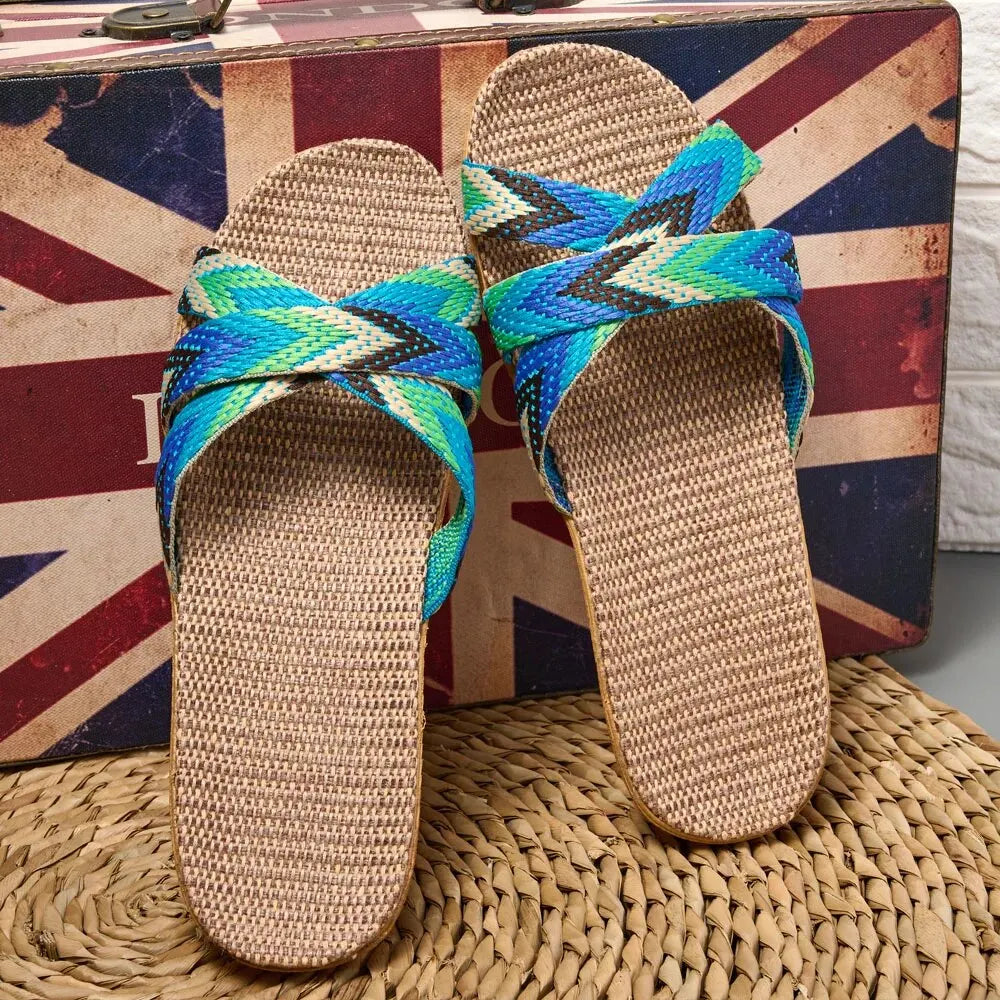 Women Linen Slippers Lightweight Indoor Home Sandals Non Slip Summer Comfortable Flat Slides Casual House Shoes