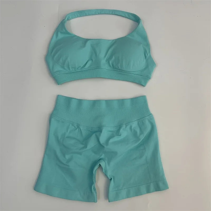 Seamless Yoga Set Halter Sports Bra Scrunch Shorts Gym Workout Fitness Set