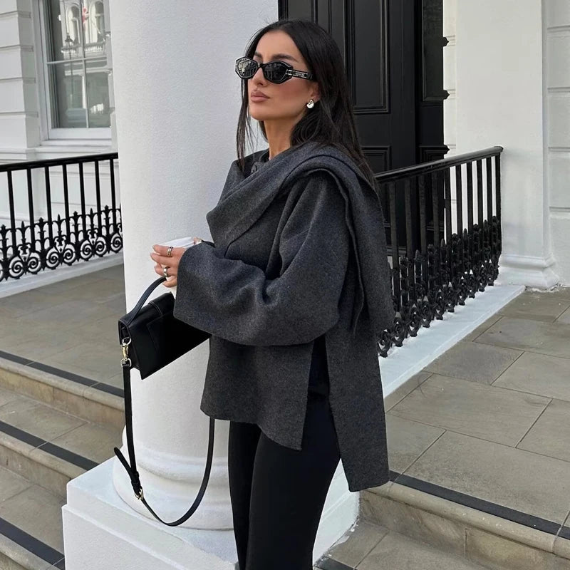 Women Plush Padded Coat Asymmetric Scarf Long Sleeve Winter Jacket