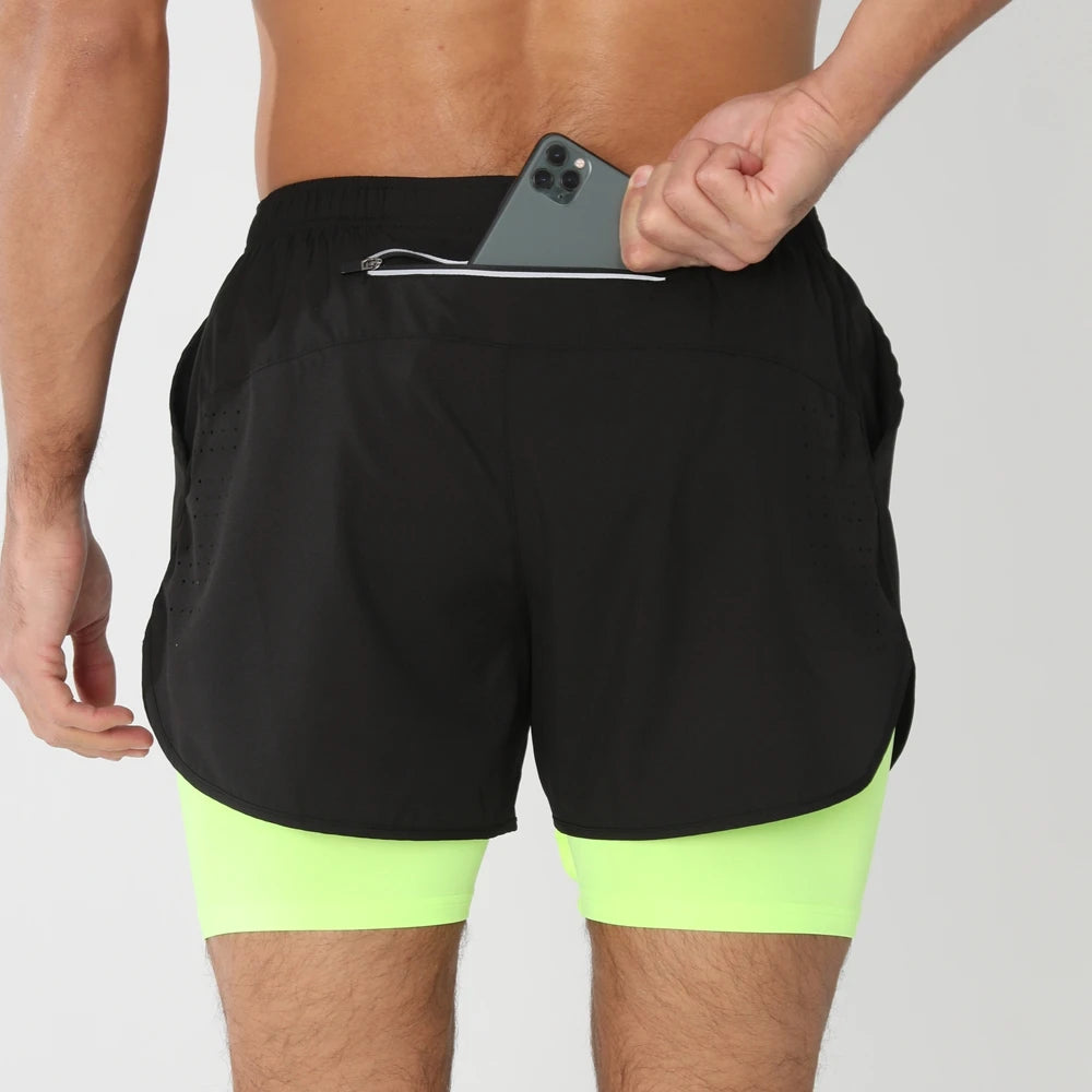 Men 2-in-1 Double Layer Running Shorts Quick Dry Gym Fitness Training Shorts