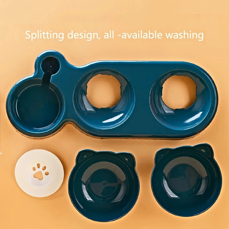 3 in 1 Tilted Cat Bowl Set with Gravity Water Feeder Neck Protection Design