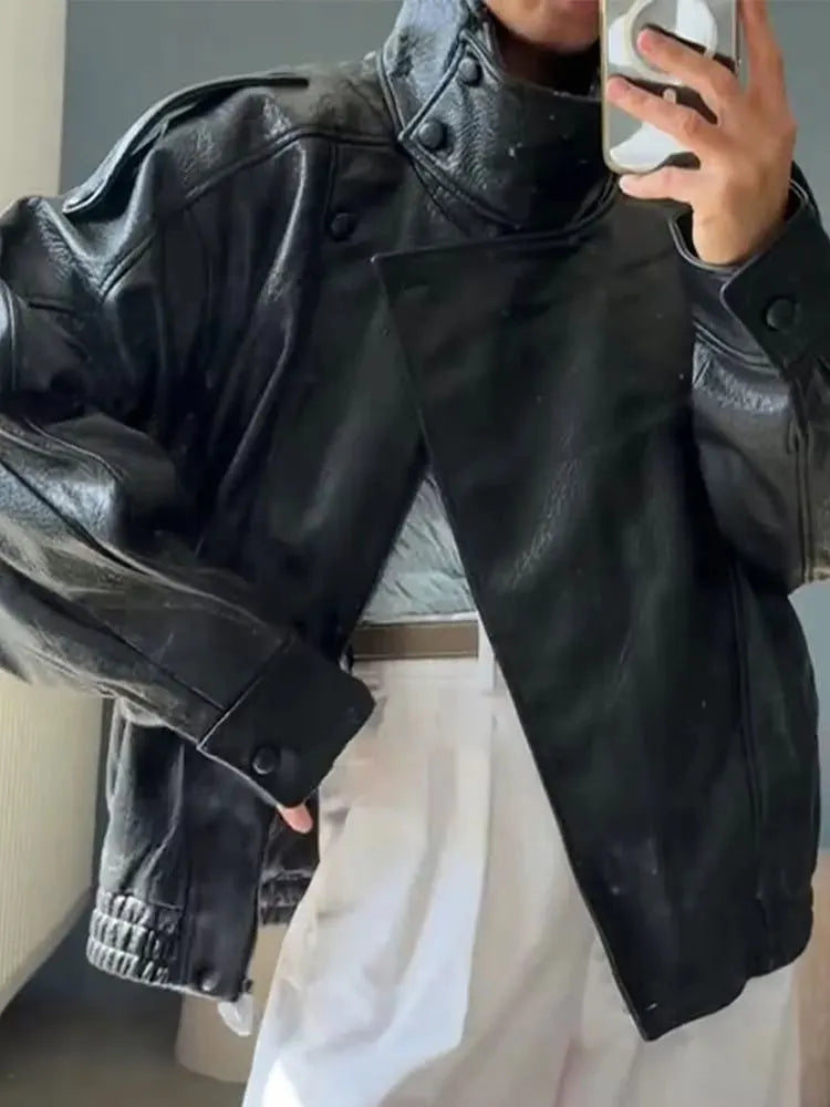 Women Faux Leather Zip Up Jacket Casual Long Sleeve PU Coat Streetwear