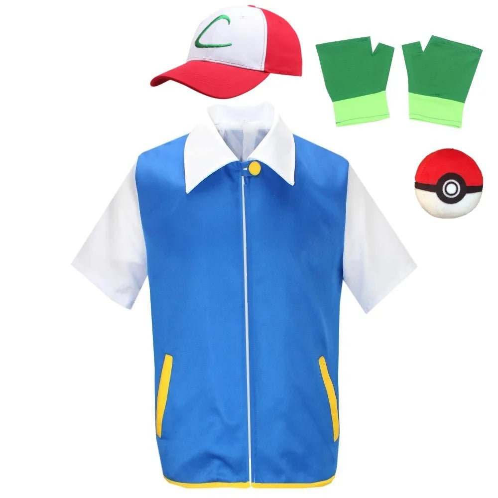 Men Boys Anime Trainer Cosplay Costume Blue Jacket Cap Gloves Set