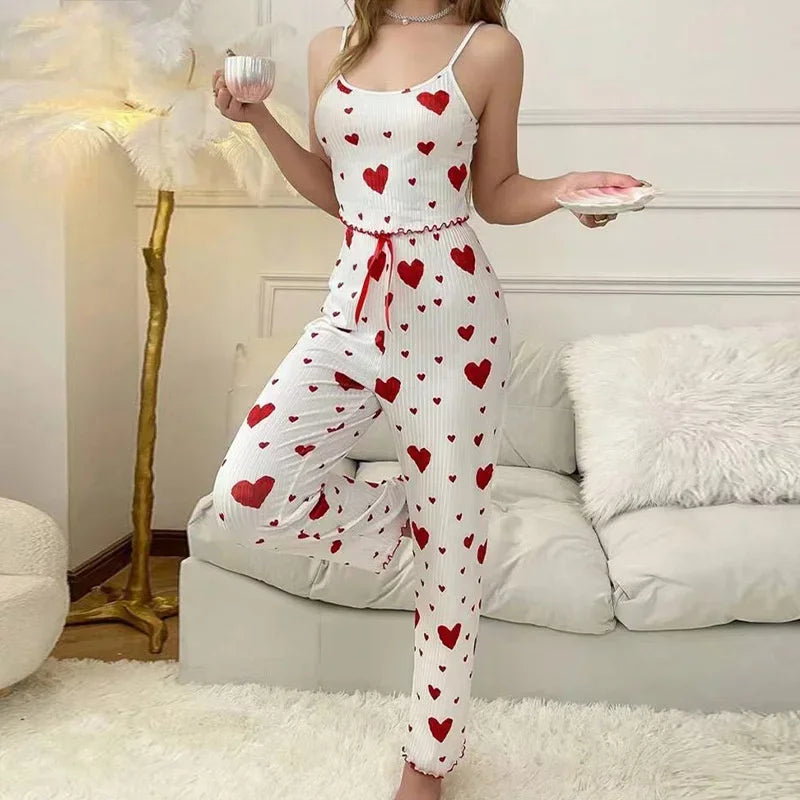 Women’s Heart Print Cami Pajama Set Autumn Winter Sleepwear
