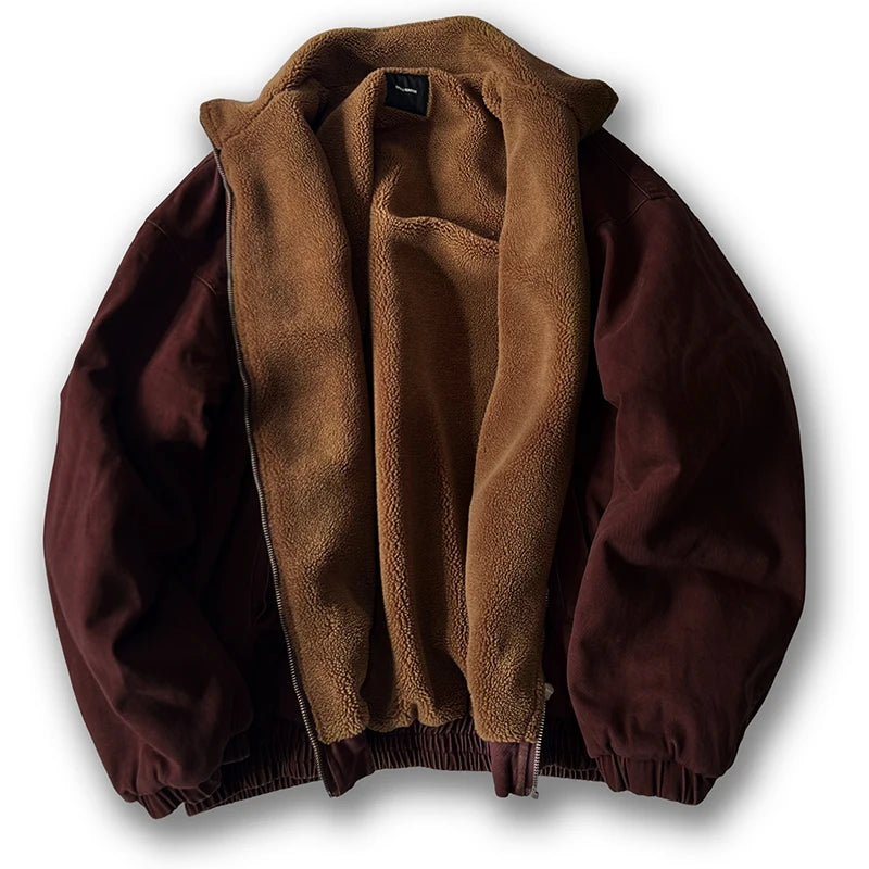 Men Vintage Polar Fleece Jacket Thick Winter Warm Loose Fit Streetwear Coat
