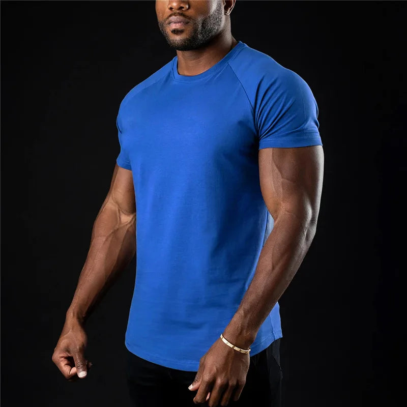 Men Gym Cotton T Shirt Slim Fit O Neck Short Sleeve Workout Fitness Tee