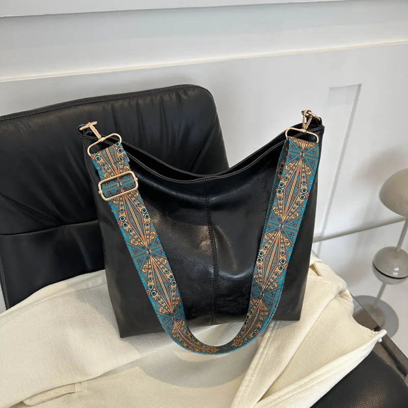 Vintage PU Leather Bucket Bag Large Capacity Shoulder Crossbody Handbag