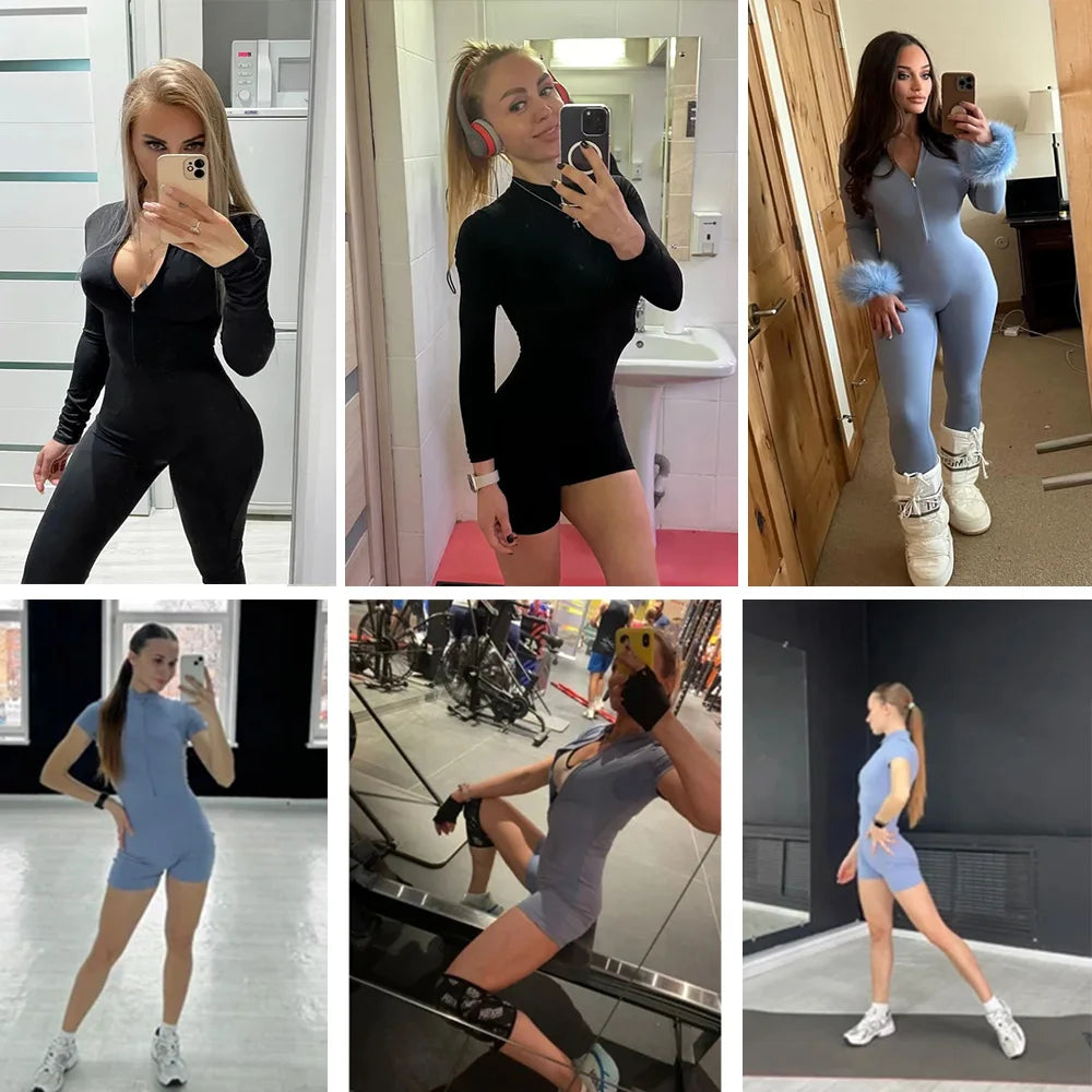 Women Zip Front Seamless Jumpsuit Short Sleeve Fitness Romper Bodycon Workout Outfit