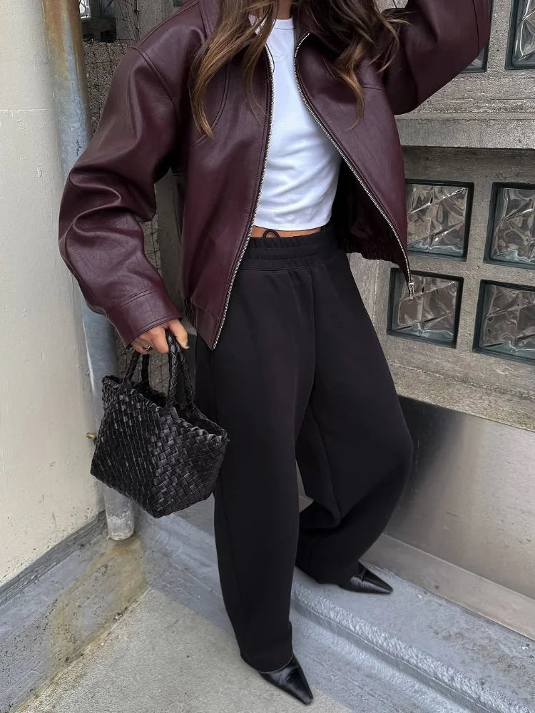 Women Wine Red Faux Leather Short Jacket Lapel Zipper Long Sleeve Retro Autumn Coat