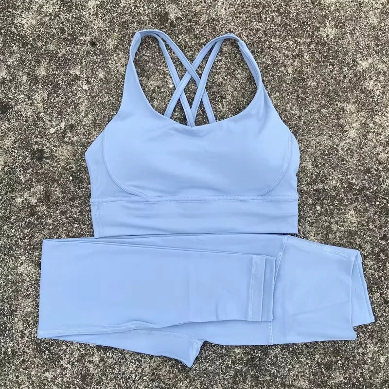Solid Color Gym Fitness Set Sports Bra High Waist Leggings Compression Yoga Outfit