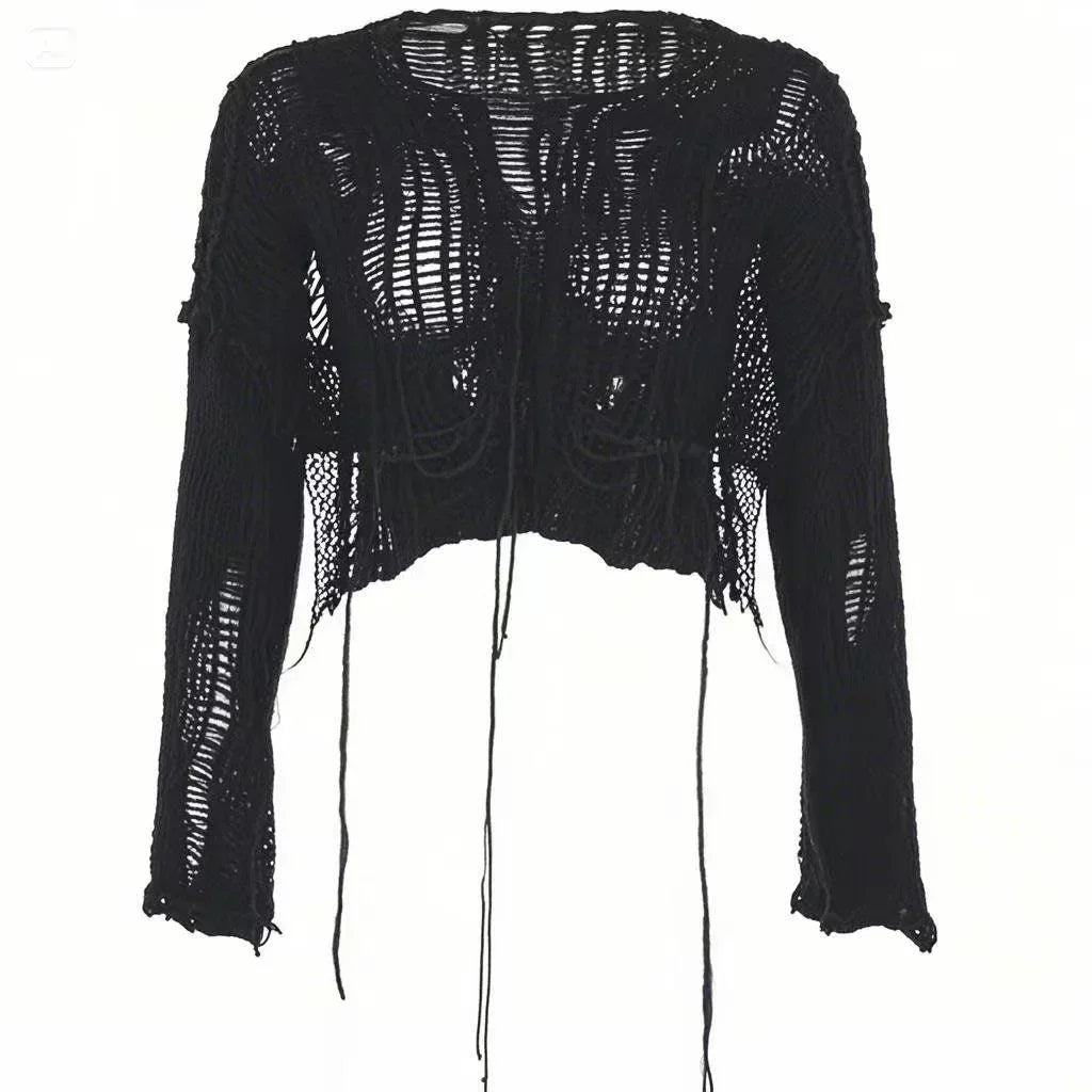 Women Y2K Cropped Cutout Knit Sweater Hollow Out Long Sleeve Sheer Pullover Top