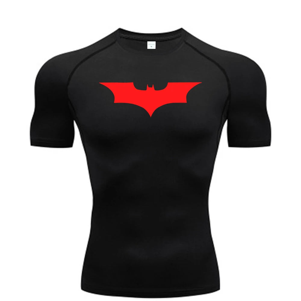 Men Bat Print Compression T Shirt Short Sleeve Gym Running Fitness Tee