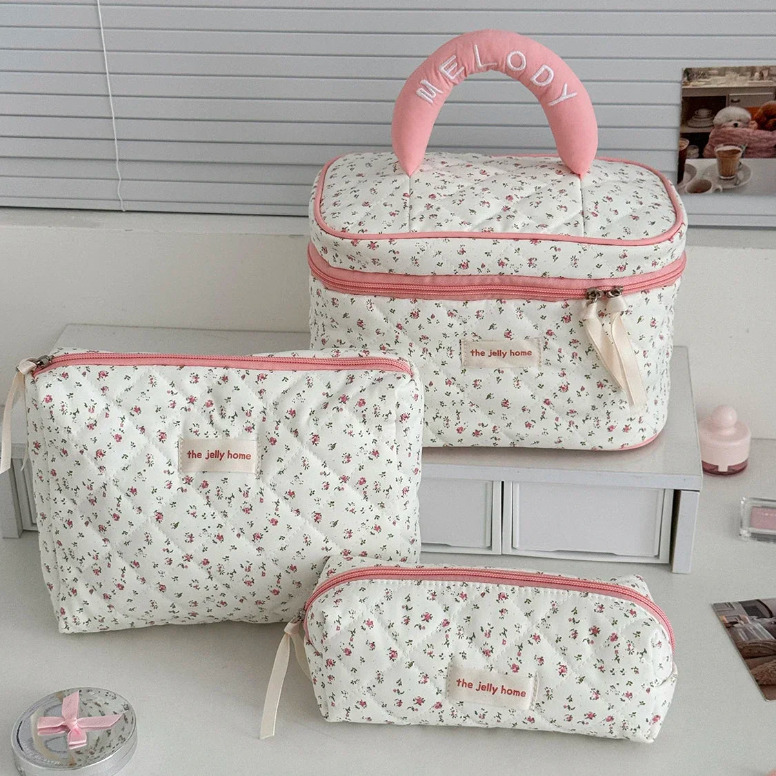 Pink Strawberry Quilted Cosmetic Travel Makeup Storage Bag