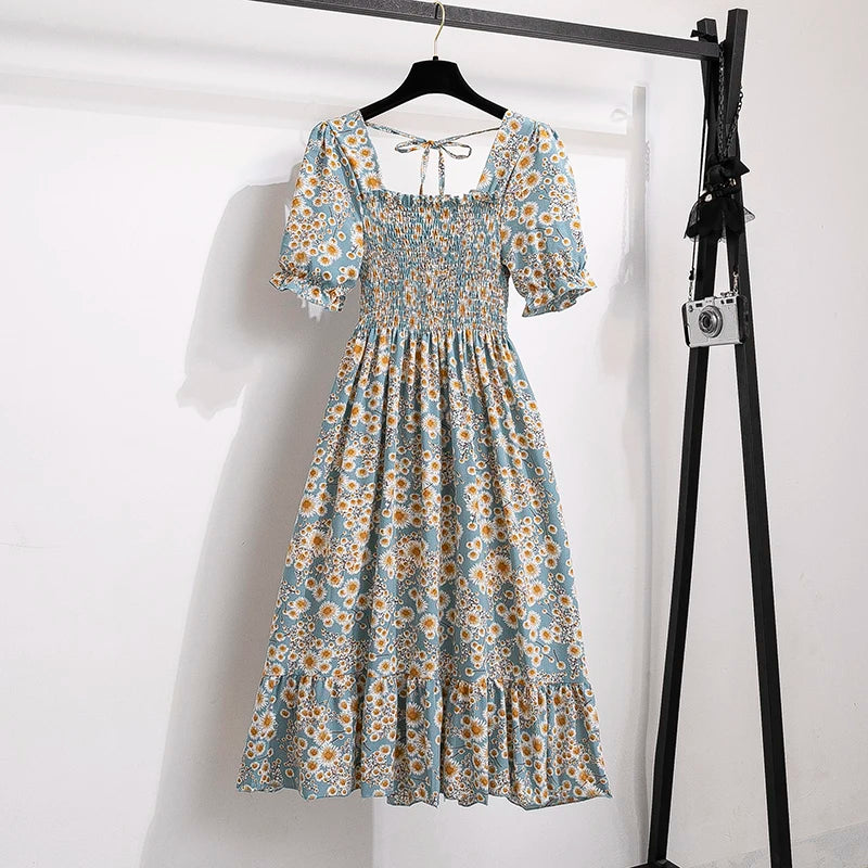 Women’s Chiffon A-Line Dress Short Sleeve Pleated Elastic Waist Casual Summer Dress