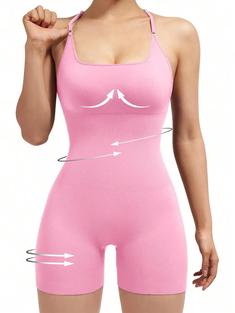 Women Adjustable Fitness Jumpsuit Backless Yoga Romper with Scrunch Shorts