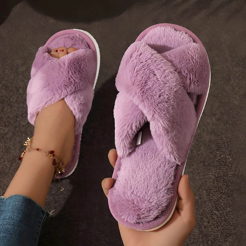 Fluffy Cross Band Slippers Women Cozy Fur Slides Soft Anti Slip Indoor Winter
