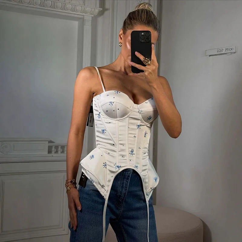 Women Floral Corset Cami Top Sweetheart Neck Irregular Hem Summer Bustier Top