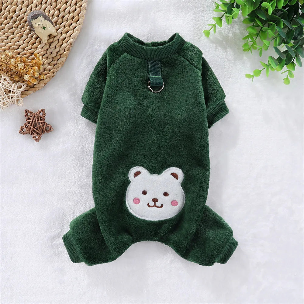 Warm Fleece Dog Jumpsuit Soft Pet Coat with Leash Ring