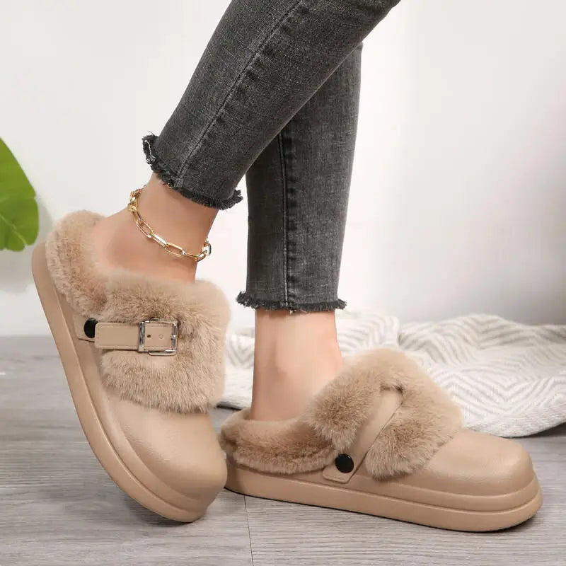 Women Furry EVA Clogs Thick Sole Warm Plush Winter Slippers