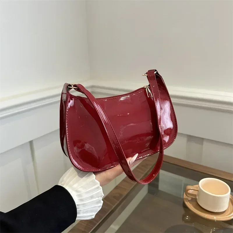 Women Patent Leather Shoulder Bag Fashion Zipper Handbag Style Commuter Bag