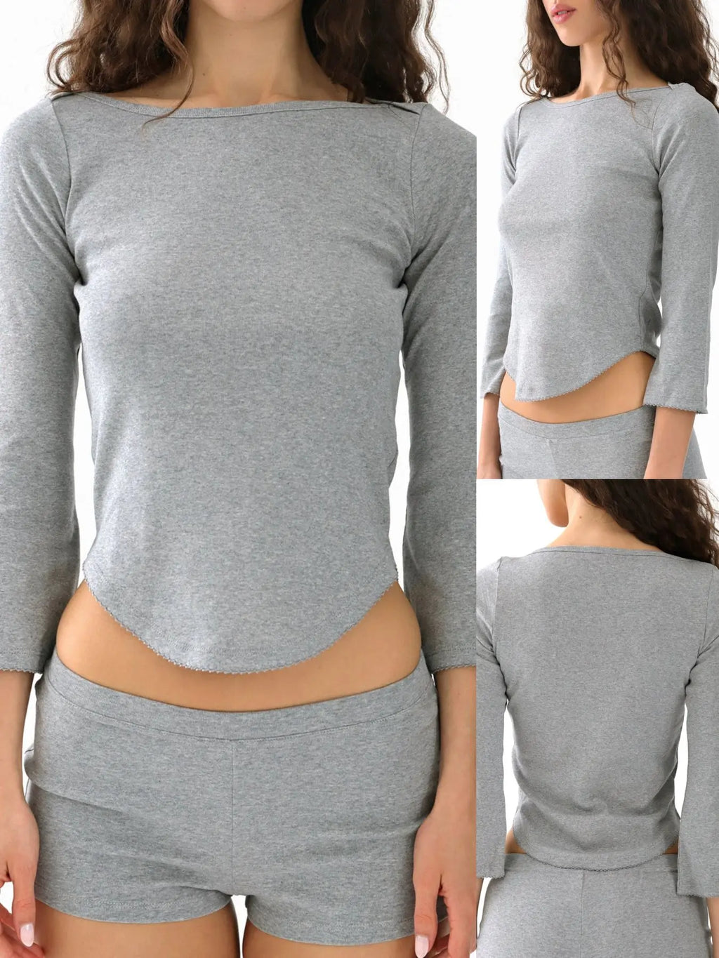 Women 3/4 Sleeve Crew Neck Casual Top V Hem Lace Design Fashion T Shirt