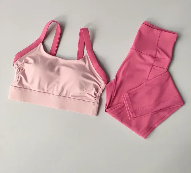 Women’s Color Block Cross Back Sports Bra and High Waist Yoga Leggings Set