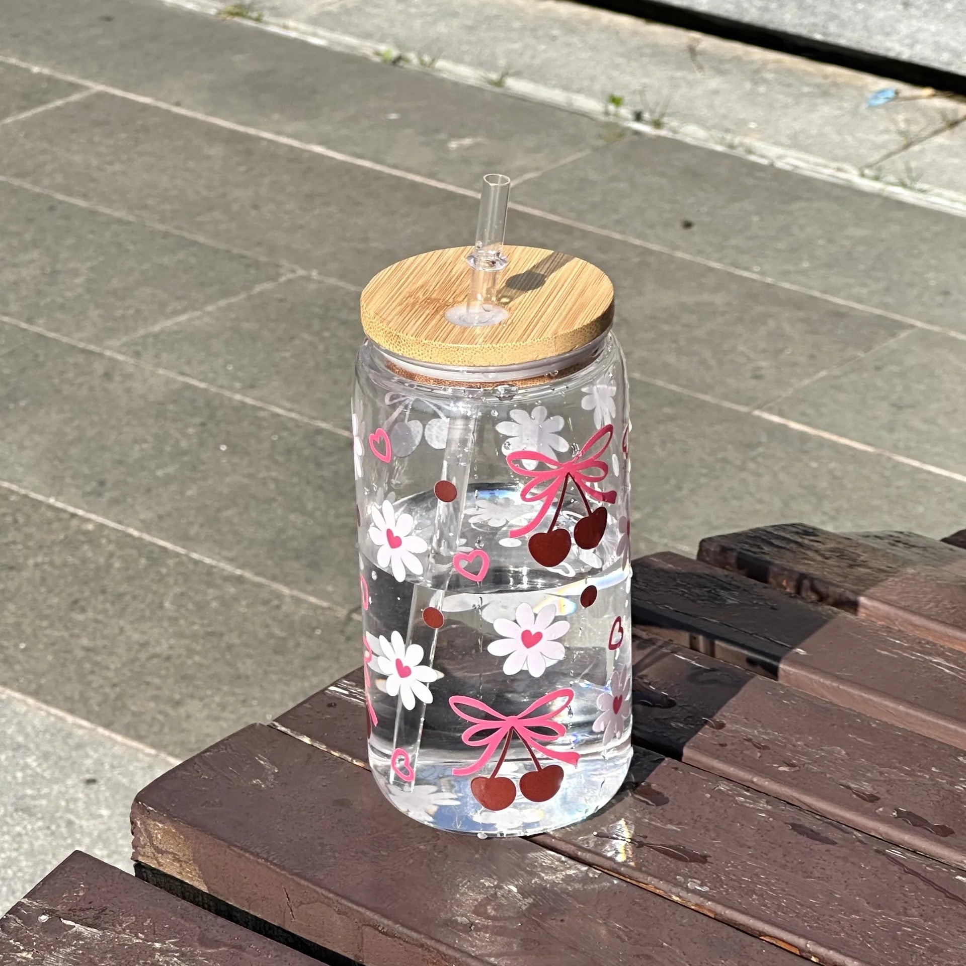 500ml Cute Bow Glass Cup Mason Jar Tumbler With Lid Straw Iced Coffee Juice Bottle