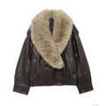 Women Faux Leather Winter Jacket Loose Fit Double Breasted Coat with Fur Collar