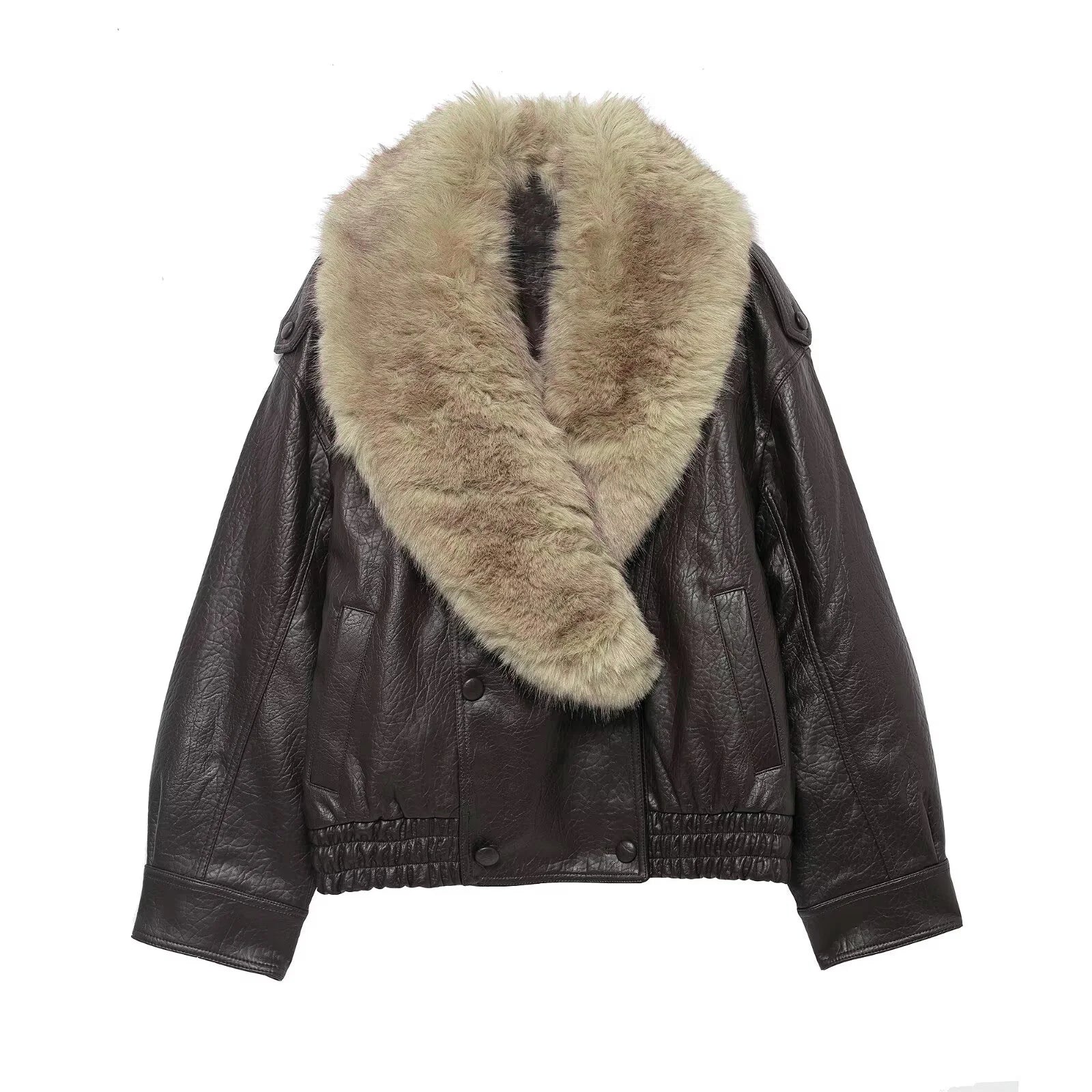 Women Faux Leather Winter Jacket Loose Fit Double Breasted Coat with Fur Collar