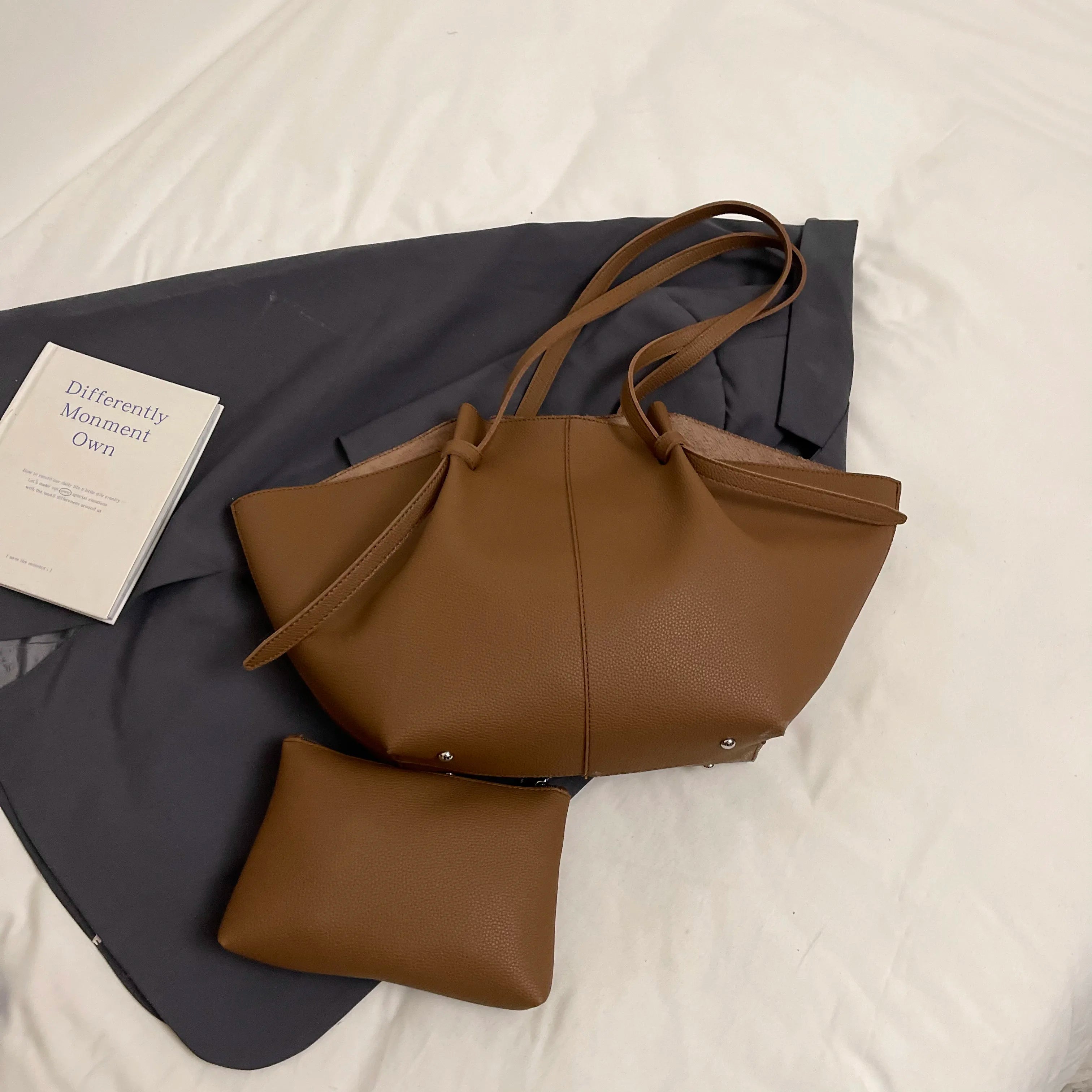 Women PU Leather Tote Bag Set Large Capacity Designer Shoulder Shopper 2-in-1 Handbag