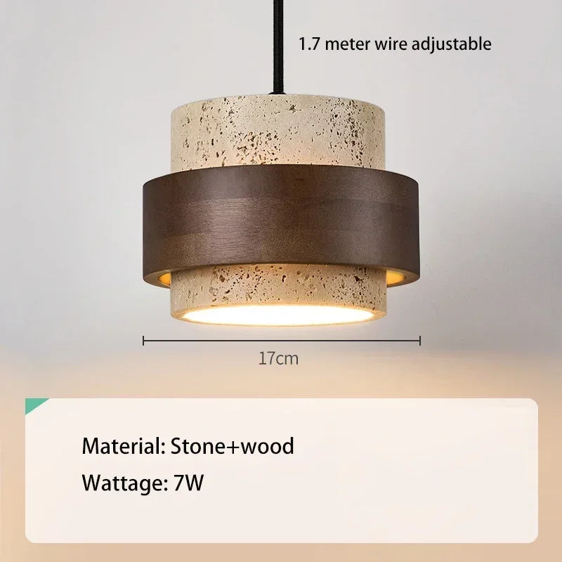 LED Pendant Lamp Small Stone and Walnut Wood Hanging Light for Bedroom Bedside Bar and Restaurant