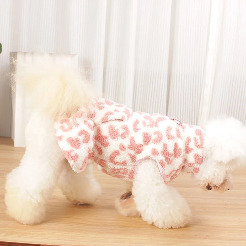 Small Dog Leopard Fleece Dress Hoodie Winter Pet Pullover Vest