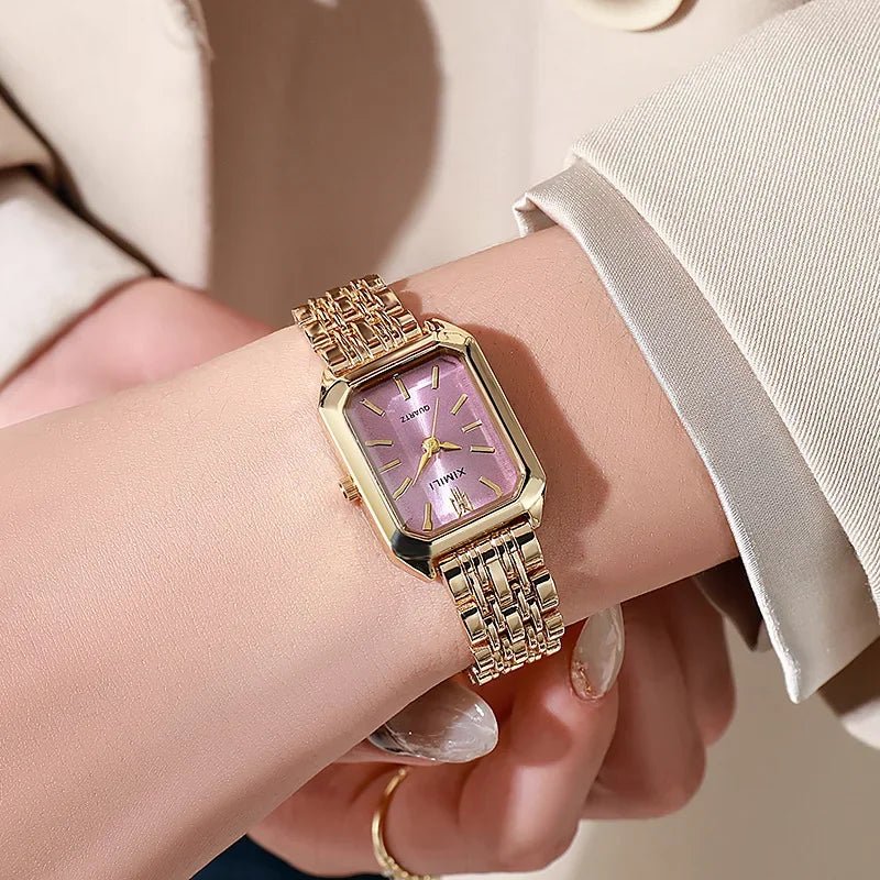 Women Stainless Steel Quartz Watch Square Dial Fashion Wristwatch Gift