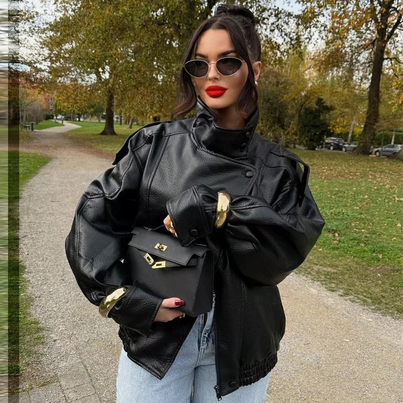 Women Black Cropped Faux Leather Bomber Jacket Oversize Zip Up Coat