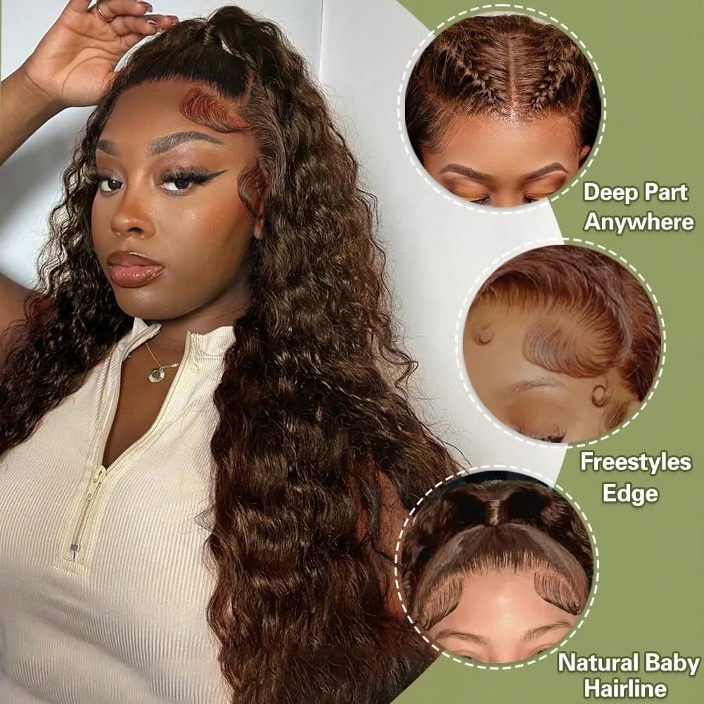 Chocolate Brown Deep Wave Wig – HD Lace Front Human Hair Glueless Wig