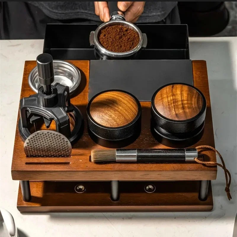 Coffee Tamper Station with Knock Box Wooden Organizer for 51 58mm Portafilter