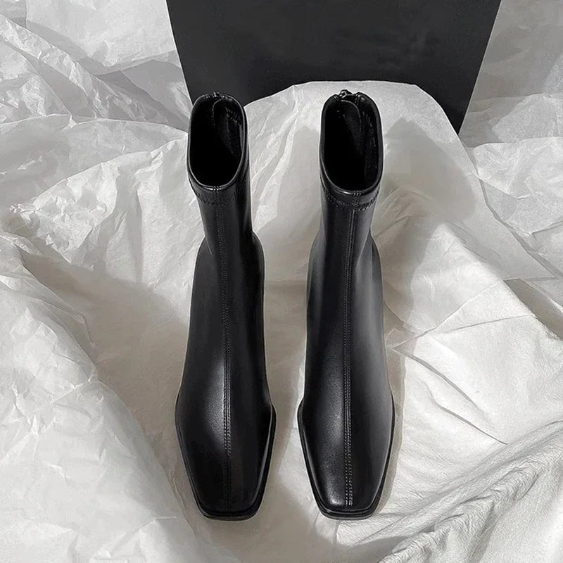 Women Ankle Boots Square Toe Thick Heel Warm Cotton Winter Short Booties