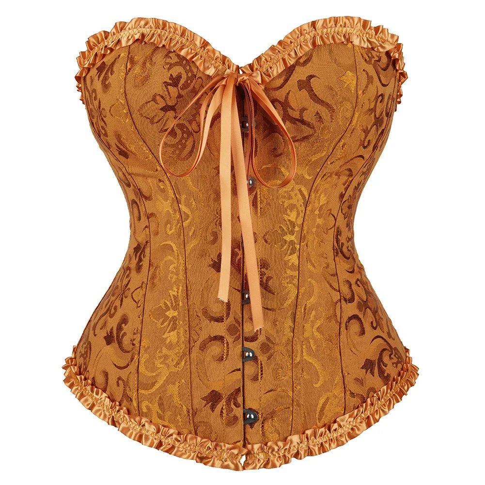 Women Floral Jacquard Corset Lace Up Bustier Top