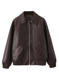 Women Retro PU Leather Biker Jacket Loose Fit Zipper Coat Streetwear Outwear