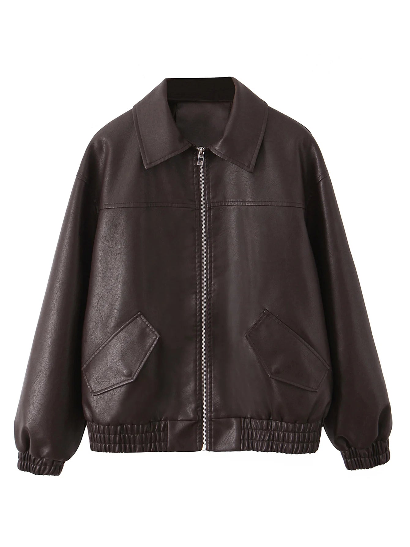 Women Retro PU Leather Biker Jacket Loose Fit Zipper Coat Streetwear Outwear