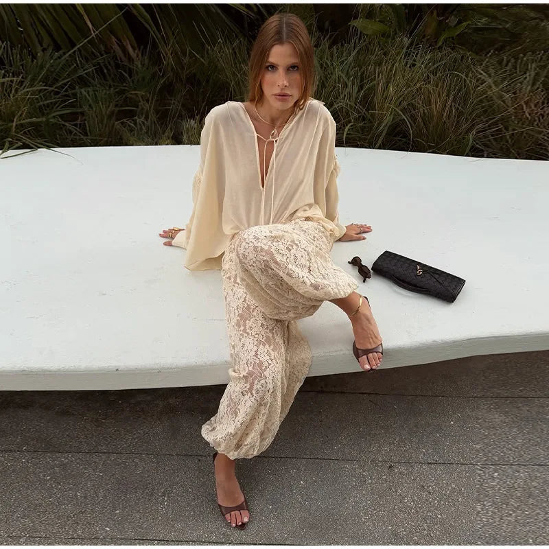Bohemian Lace High Waist Wide Leg Pants for Women Loose Fit Lounge Trousers