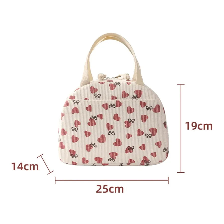 Corduroy Thermal Insulated Lunch Bag Cute Print Large Capacity Handbag