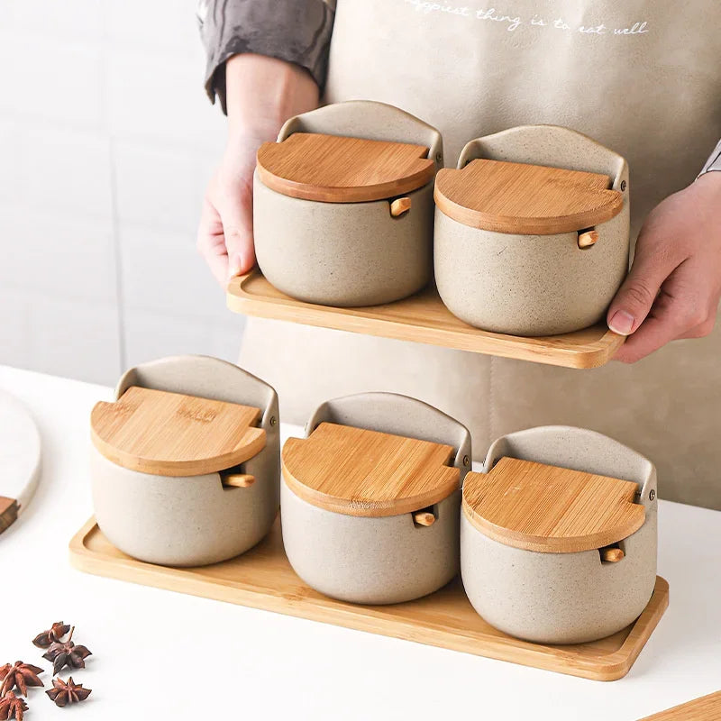Ceramic Seasoning Jar with Bamboo Lid Spoon Salt Sugar Spice Storage Container