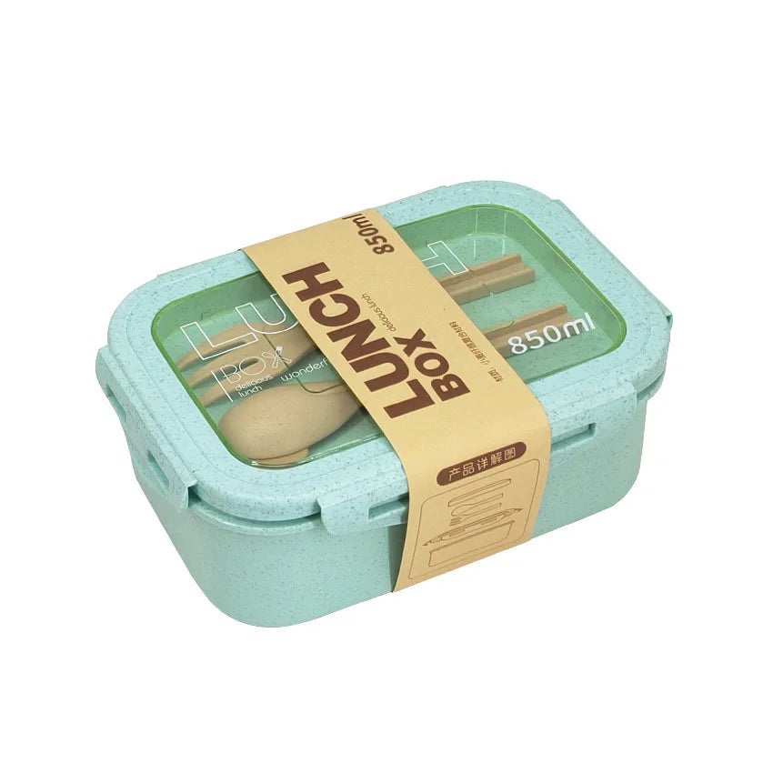 1100ml Lunch Box Bento Box with Spoon & Chopsticks Microwave Safe Wheat Straw Food Container for Kids Adults School Office