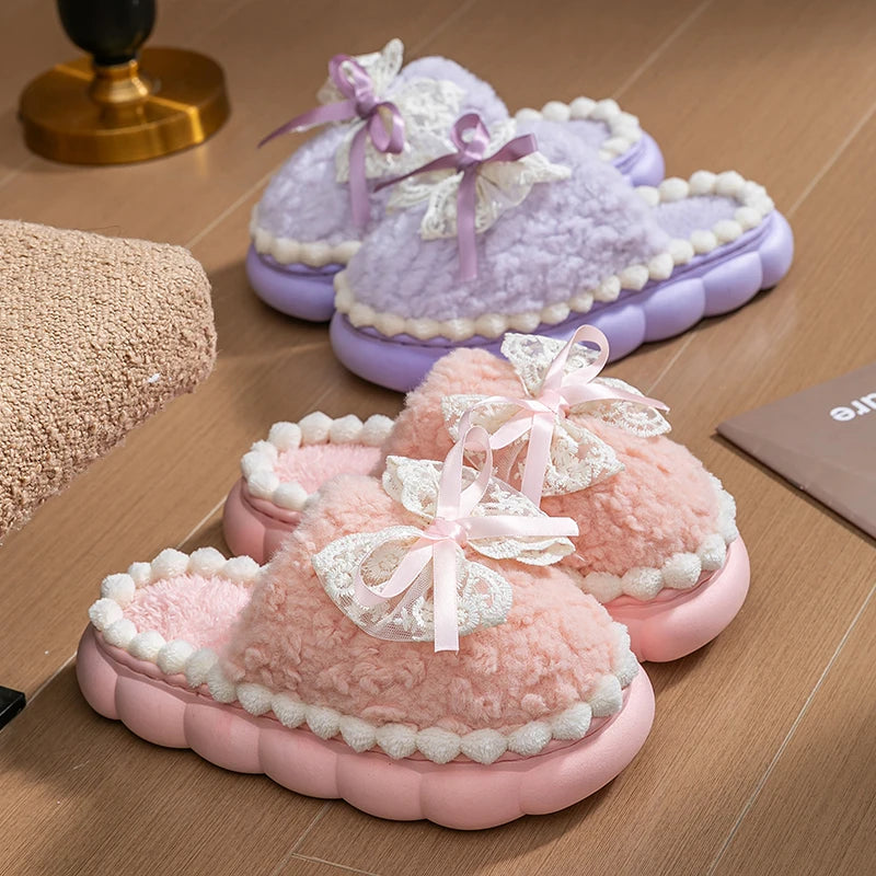 Women Plush Fur Slippers Soft Warm Non Slip Indoor Home Shoes