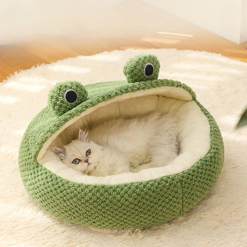 Winter Warm Pet Nest Frog Shape Cat Dog House Plush Semi Enclosed Bed